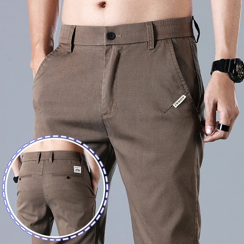 

Lyocell Men Casual Pants Summer Thin Slim Business Trousers Elastic Fashion Straight Male Skinny Small Feet Pants