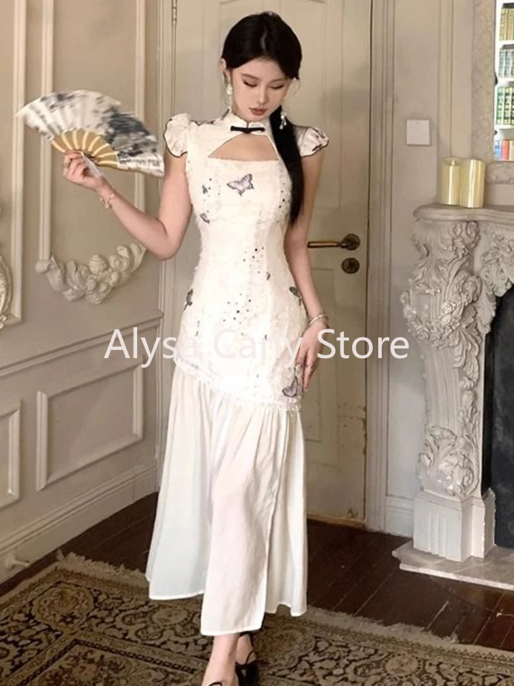 Elegante abito Vintage Cheongsam donna Bow Chic coreano aderente abiti lunghi femminile 2024 Summer Court Casual Evening Party Dress