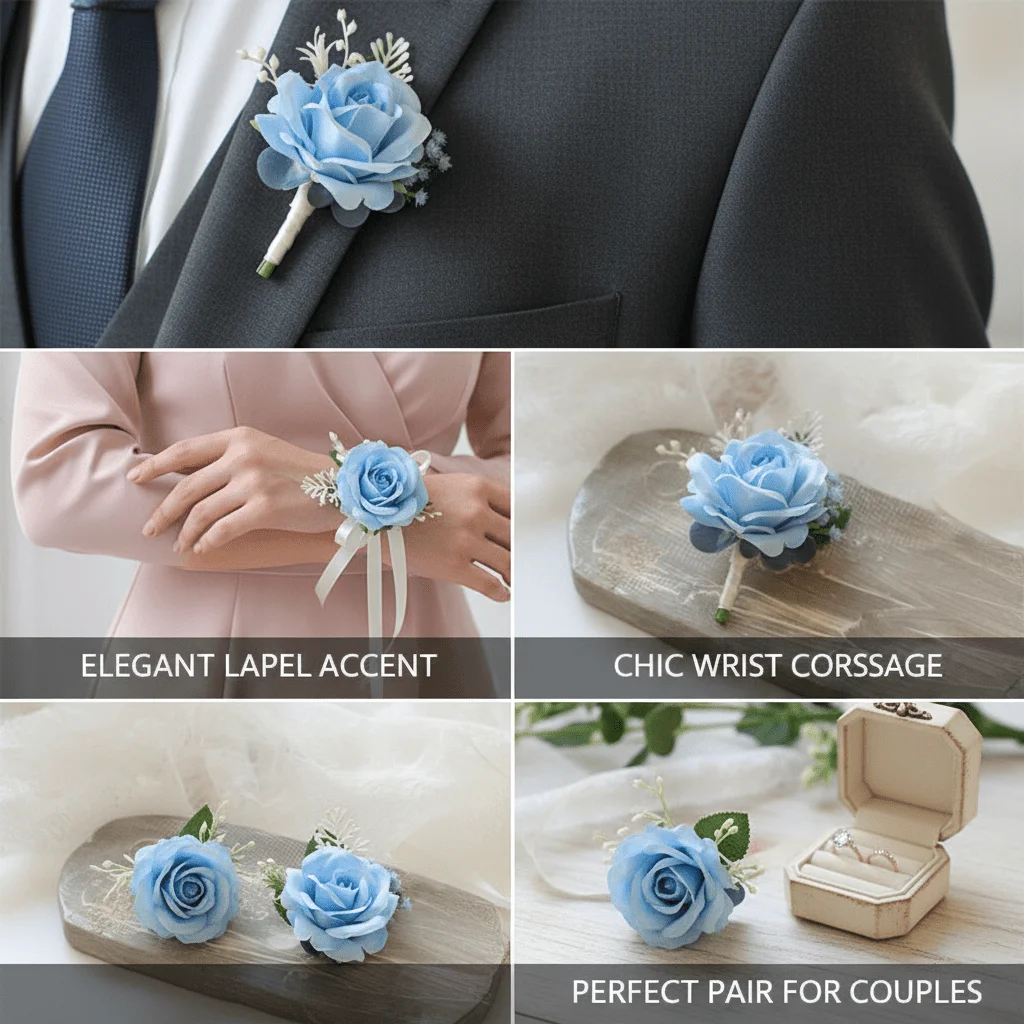 Sky Blue Rose Artificial Lapel Flower, Wedding Groom Boutonniere for Valentine's Day Graduation Prom Business Party Decor