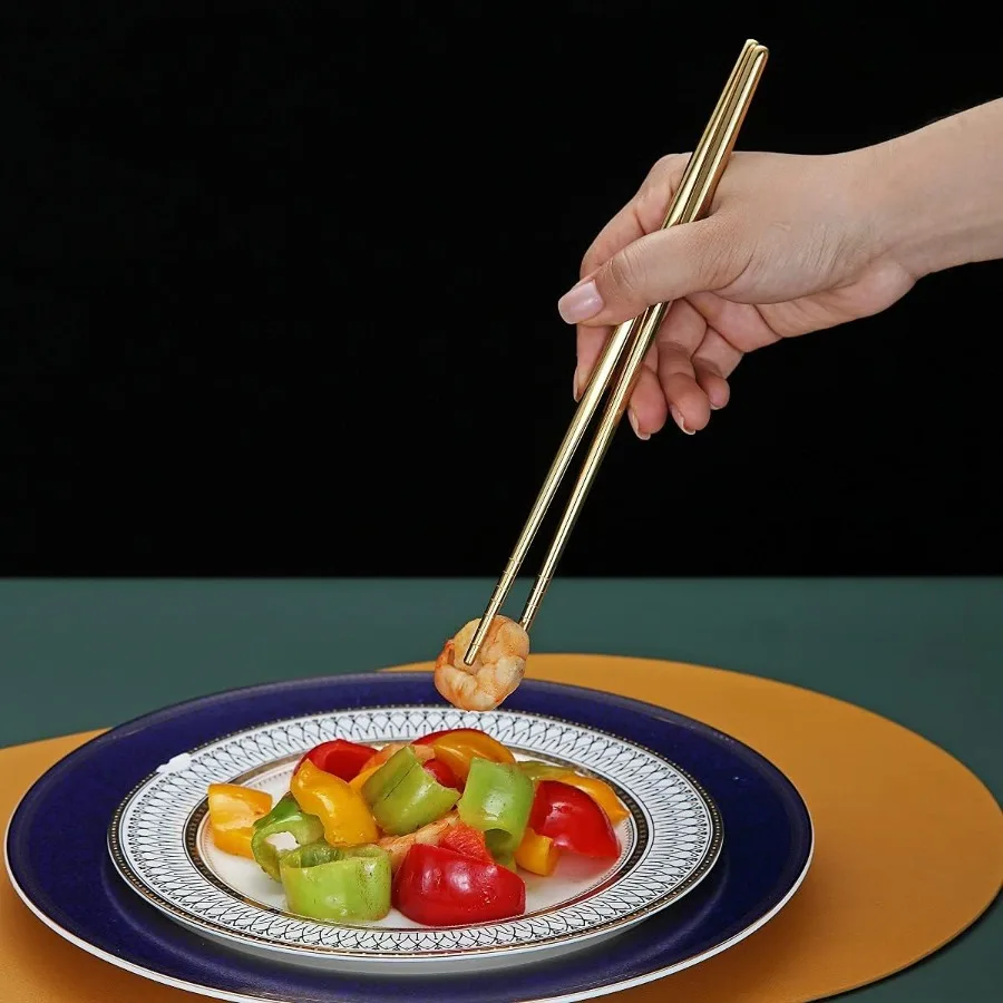 10 أزواج من عيدان تناول الطعام القابلة لإعادة الاستخدام مع تصميم من الفولاذ المقاوم للصدأ مطلي بالذهب والتيتانيوم لتناول الطعام الكوري الصيني الياباني بطول 8.9 بوصة