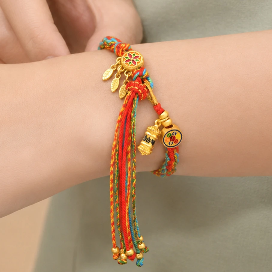 Tibetan Buddhist Bracelet for Men Women, Multicolor Braided Lucky String with Prayer Wheel Charm, Adjustable Protection Jewelry