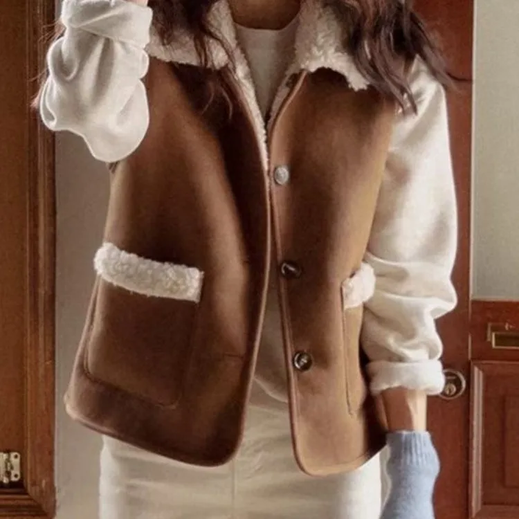 

Chic Double-Sided Wear Deer Skin Velvet Vest Jaet Women's Faionable Vintage Design Sensation Commute Sle ort Length