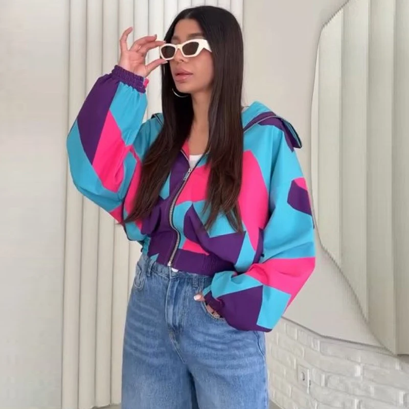 Eye-catching Multicolor Geometric Jacket Hooded Zip Cropped Windbreaker Loose Women Casual Chic Fashion Street Outerwear