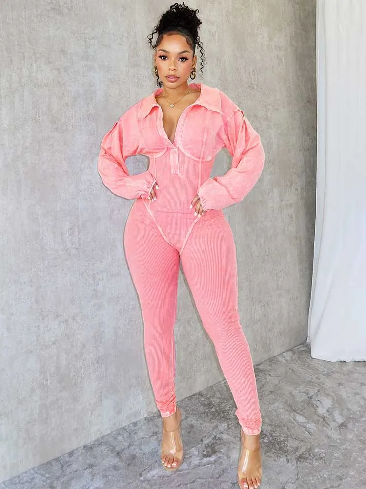 Fitness Jumpsuit Stretchy Sexi Women One Clothes Autumn Winter Knit Jumpsuits Ribbed Jumpsuit Long Sleeve Tight Fit Overalls