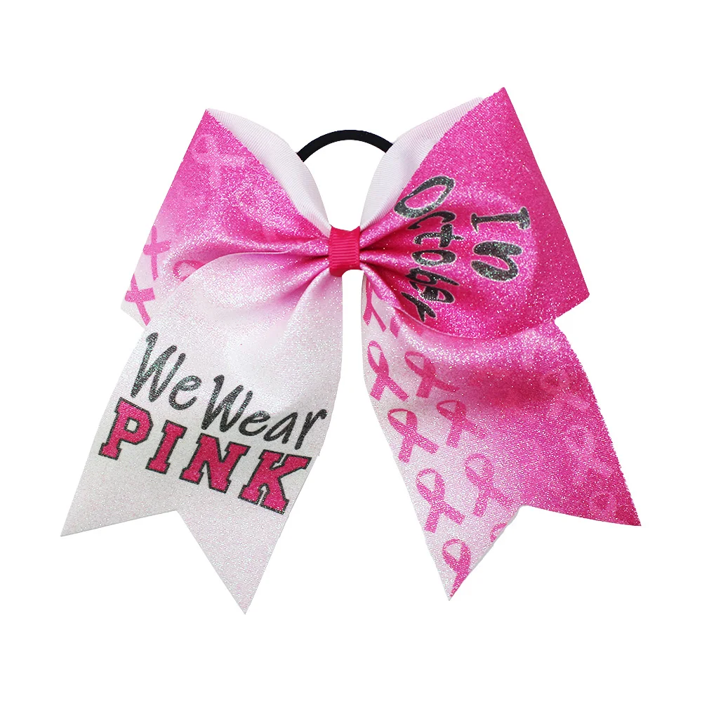 12pcs/Lot 8 Inch Pink Ribbon Bows Hair Band for Girls and Women Breast Cancer Cheer Bows Elastic Hair Ties Promotion Hair Access