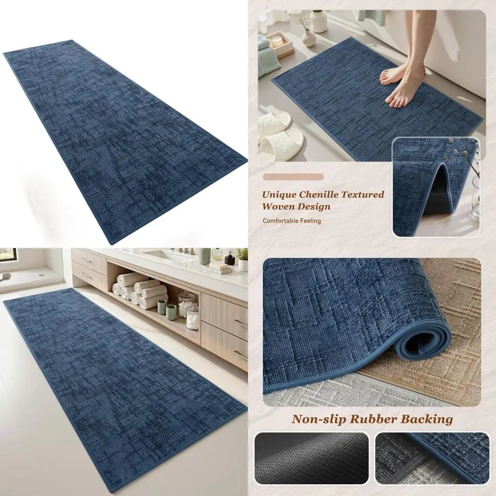 

Super Absorbent Non-Slip Bath Mat with Quick Drying, 2' x 5', Blue Modern Jacquard Rubber Backed Bathroom Rug