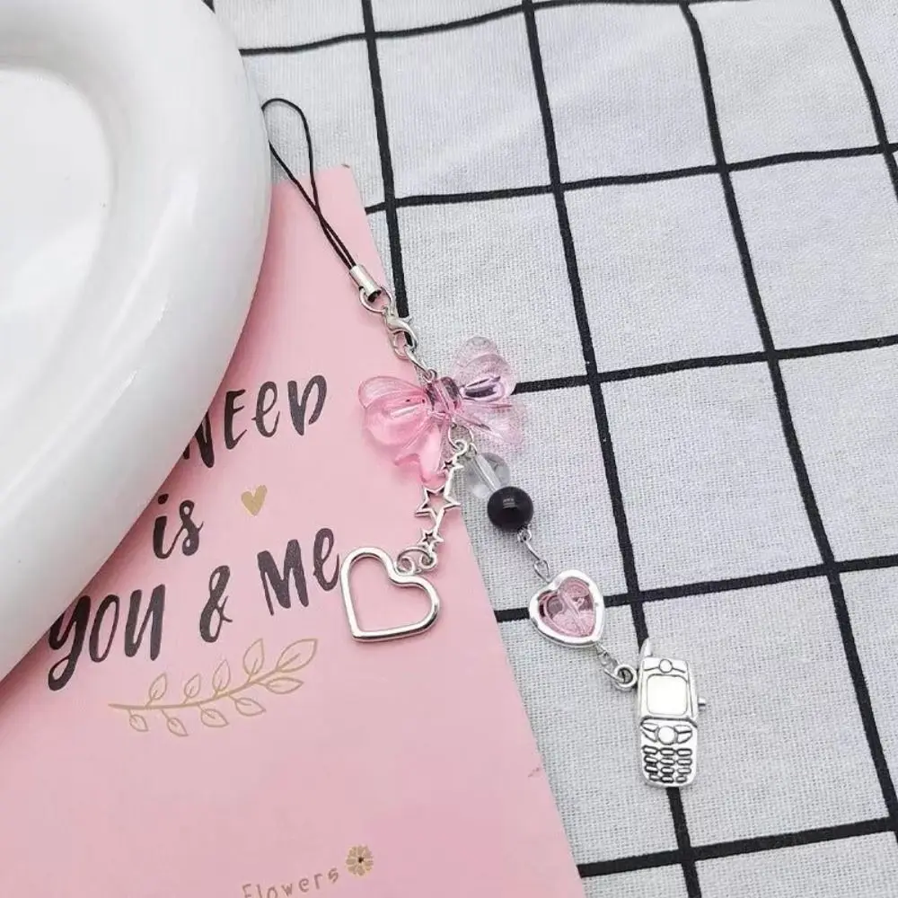 Cat Cell Phone Rope Chain Anime Pendant Pink Beads Chain Y2K Beaded Handmade Beads Strand Choker Key Chain Phone Charm Key Chain