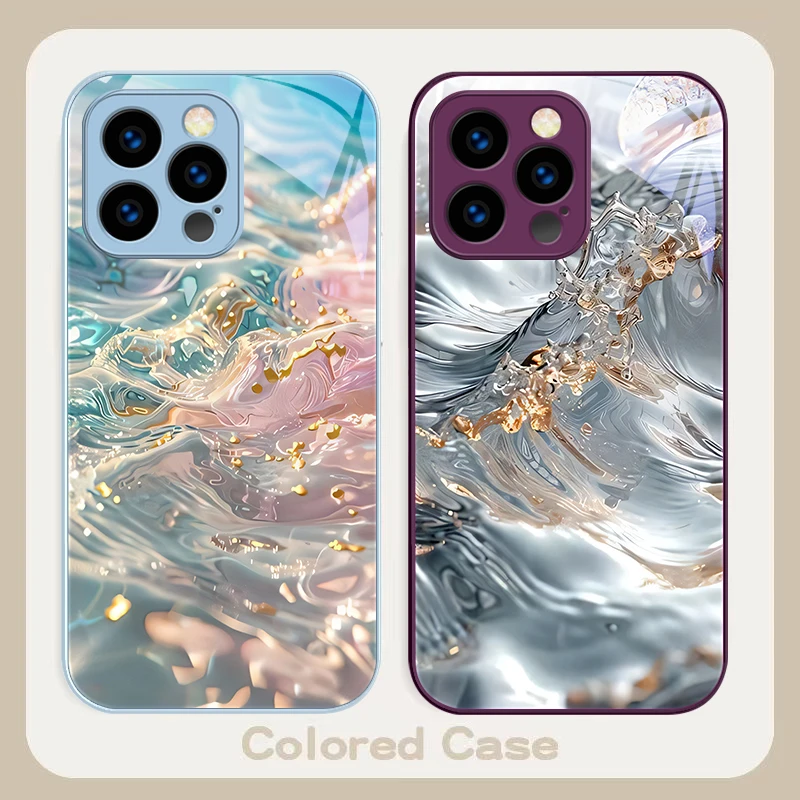 موجات ملونة زرقاء لهاتف آيفون 16 Plus 15 14 13 12 Mini 11 Pro Max X XS XR 7 8 Plus 2022 حافظة هاتف من الزجاج المقسى