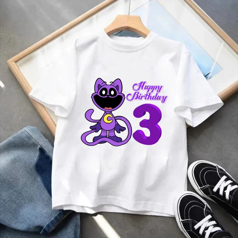 T-shirts Smilings Critters Clothes Shorts Sleeve Cartoon Anime Catnap Number 1-10 Years Printed Apparel Clothings Casual Tops