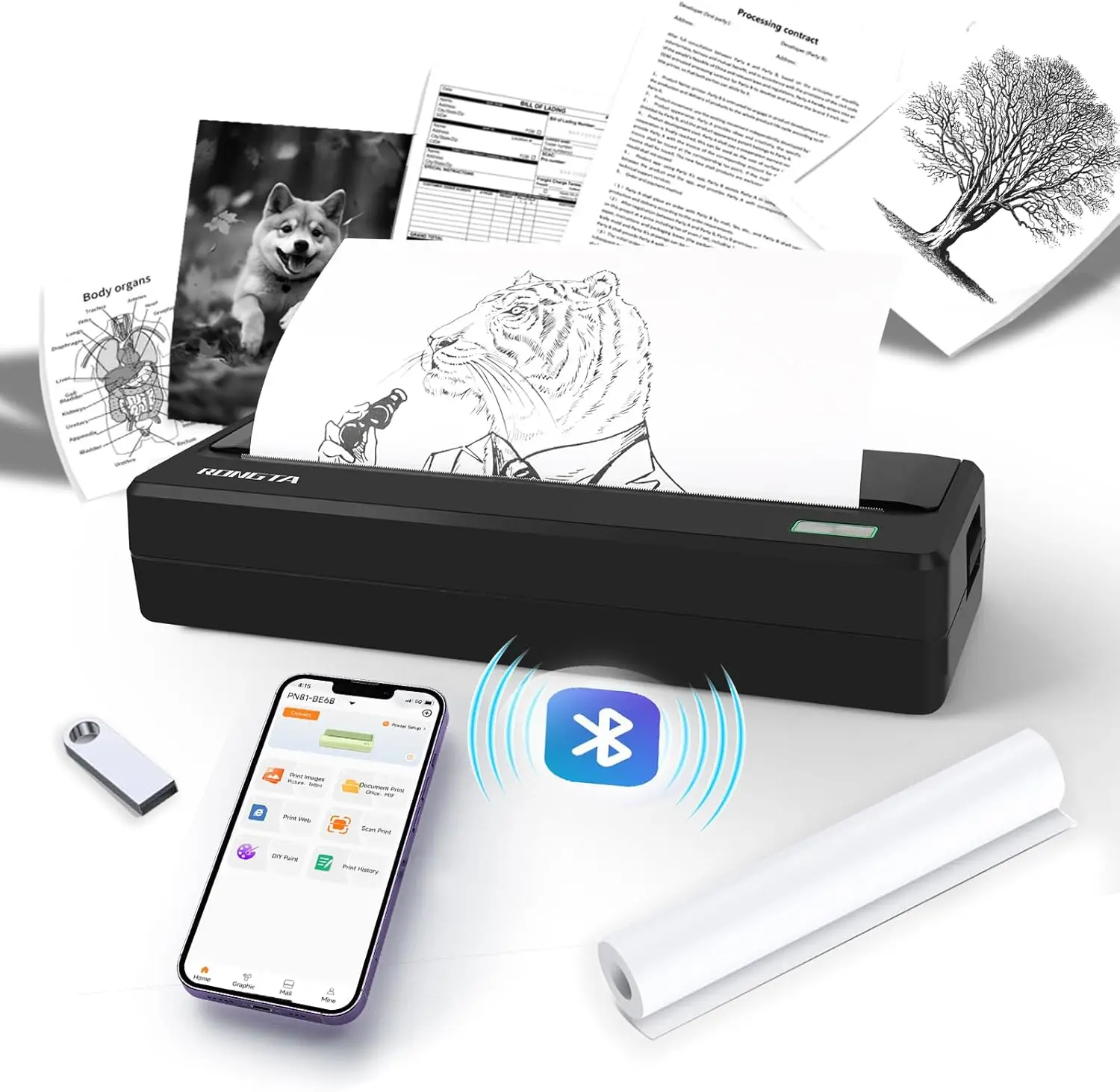 - Portable A4 Thermal Mini Printer Inkless Technology Printer