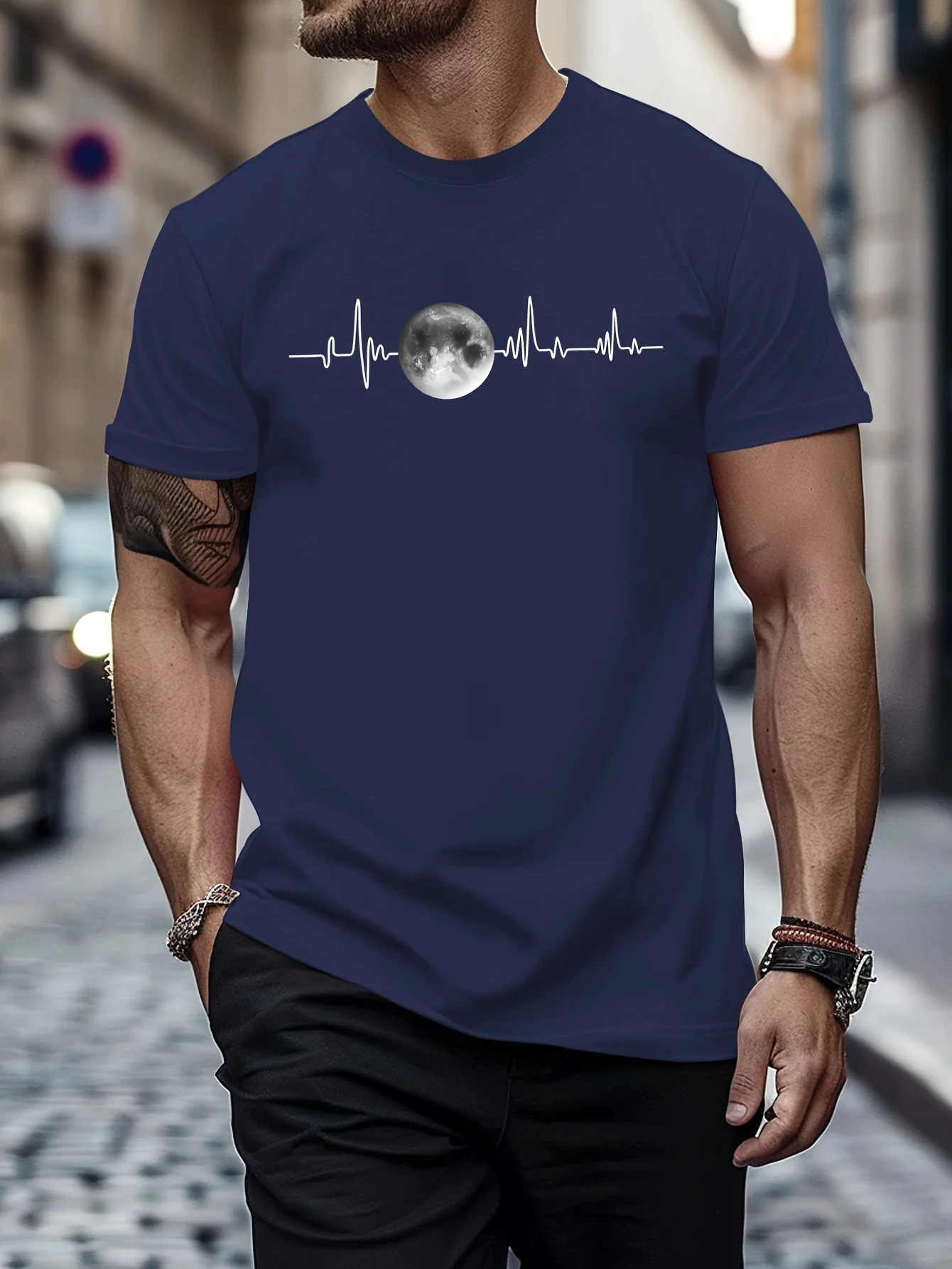 Summer men\'s 100% pure cotton sports casual loose fit plus size moon print comfortable round neck short sleeved T-shirt top