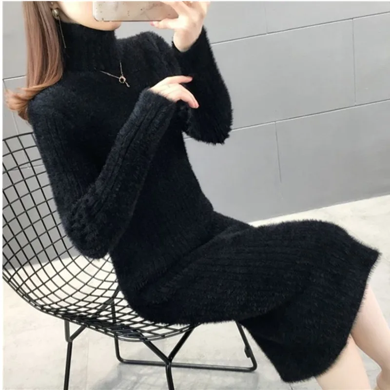 

Autumn Knit Midi Dress Women Fashion Mink Fleece Turtleneck Pullover Sweater Elegant Slim Solid Office Lady All Match Base Dres