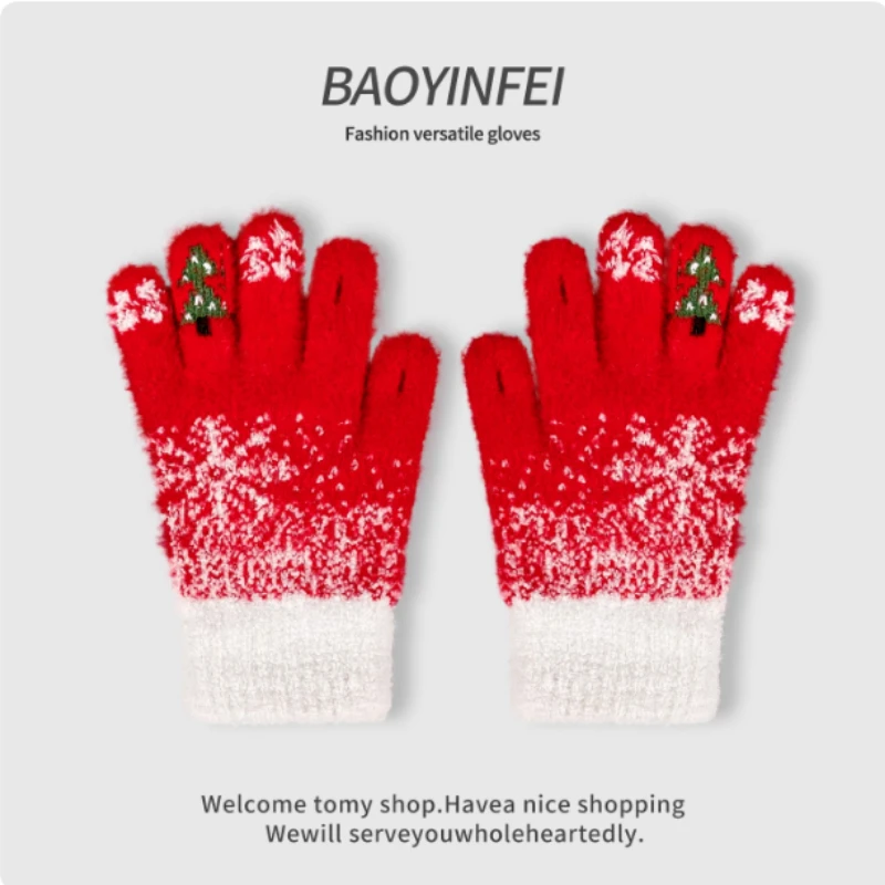

Новые милые жаккардовые плюшевые вязаные перчатки со снежинками, рождественской елкой, женские зимние уличные теплые перчатки с пятью пальцами и сенсорным экраном