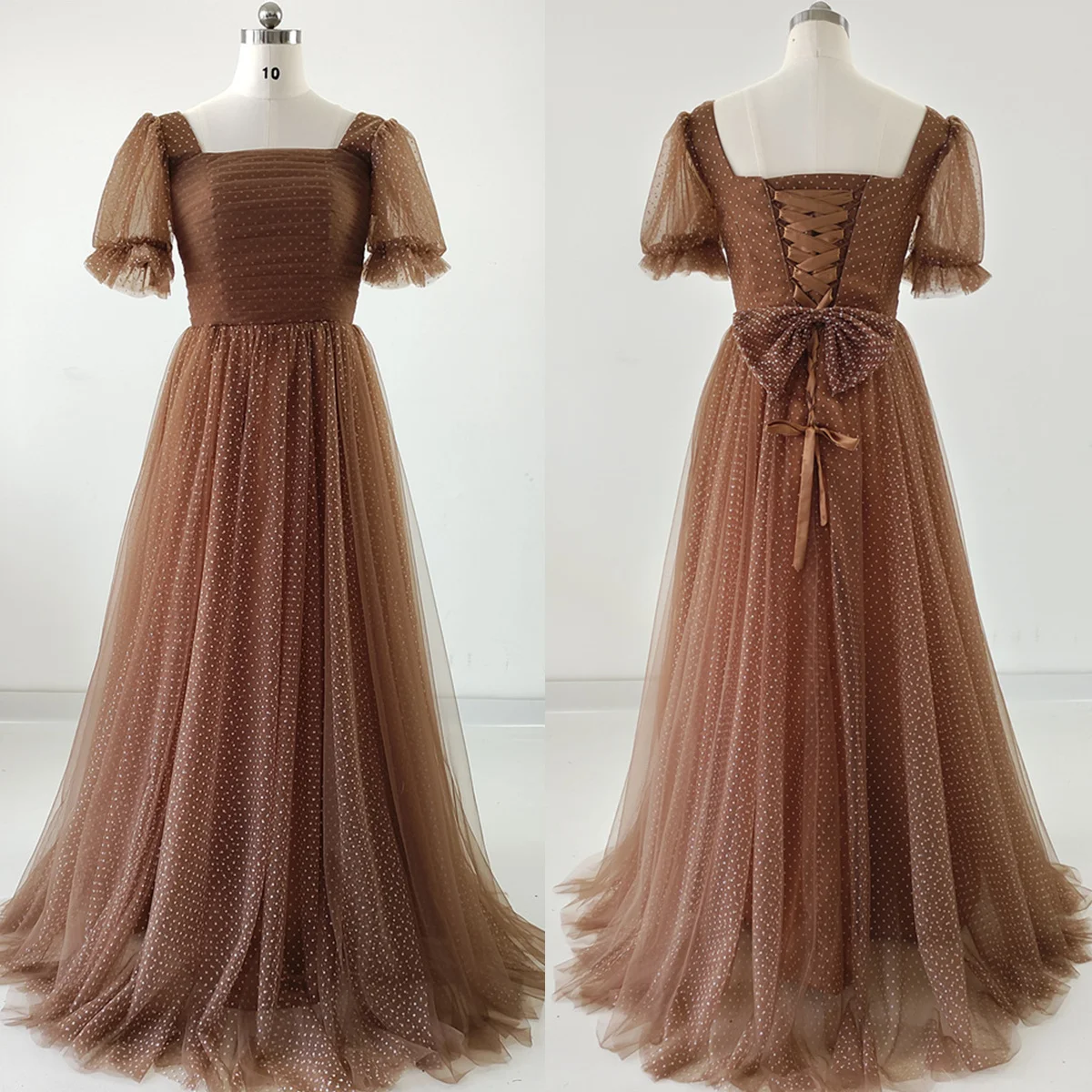 

Real Photo Evening Dress Khaki Dots Square Collar Short Puff Sleeves Pleat A-line Floor Length Plus Size Women Party Formal Gown