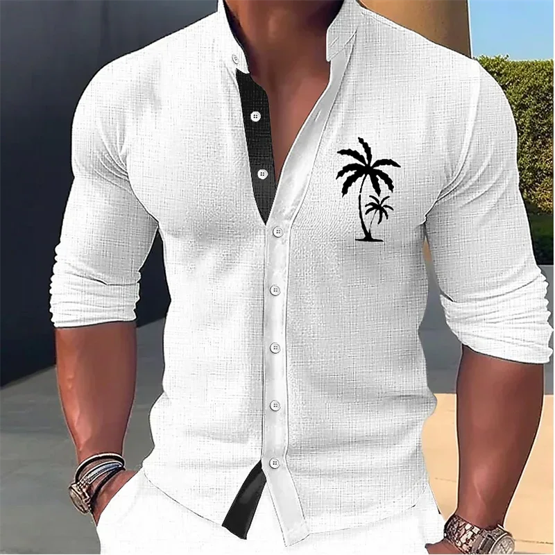 

2023 Fashion Men's Muscle Sports Shirt Hawaiian Coconut Tree Bird Design Simple Soft Comfortable Men's Top Button Long Sleeves