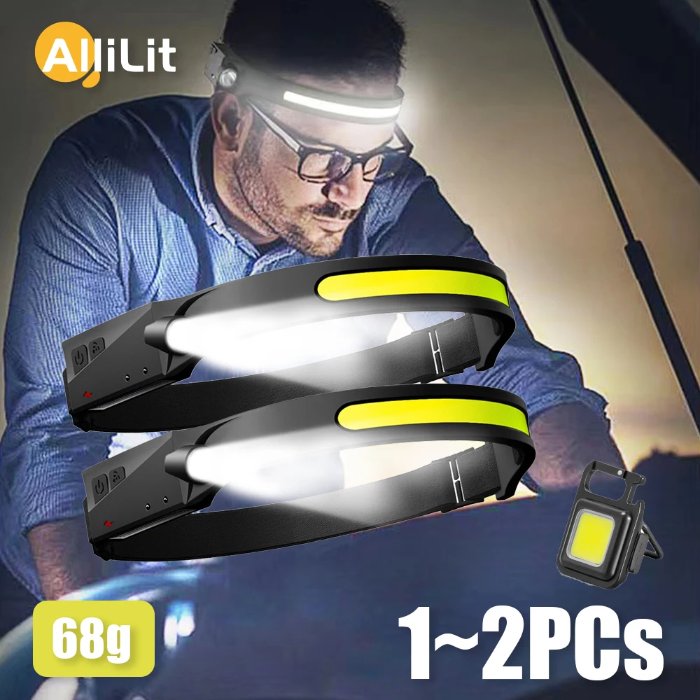 1~2PCs Sensor COB LED Headlamp Camping Work Light Headlight Outdoor Flashlight USB Rechargeable Head Lamp Fishing 5 Mode