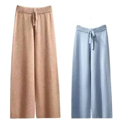 Autumn Winter Women Pants Thick Straight Pants Female Drawstring Loose Knitted Wide Leg Pants Casual Wool Knitted Trousers