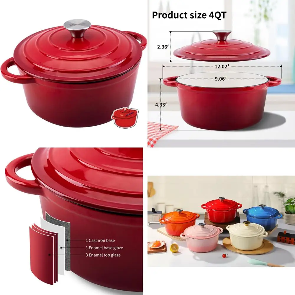 

Сверхмощный 4-литровый чугунный голландский горшок с красной эмалью и крышкой для выпечки хлеба, тушения, раковины и запекания — идеально подходит для хо