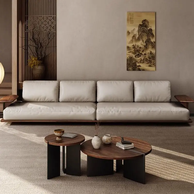 

of cowhide, black walnut solid wood, straight-row leather sofa, modern new Chinese style, living room 2025 new model