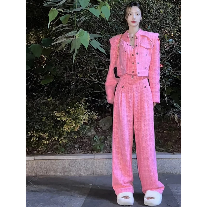 Spring Autumn 2025 New Little Fragrance Set for Women's Advanced Feeling Small Dress Age Reducing Pink Coat Pants Three Piec