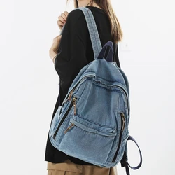 Fashion Multi Pocket Women Backpack Vintage Washed Denim Female School Backpack Men Leisure Trendy Cool Student Travel Book Bag