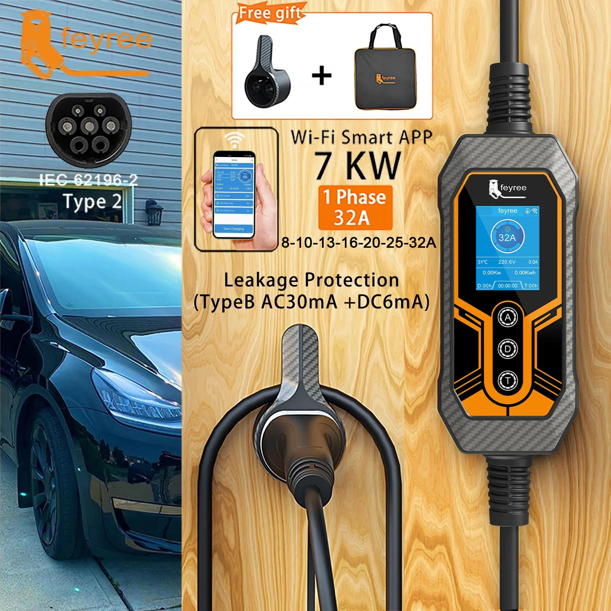 Feyree แบบพกพา EV Charger Type2 32A 7KW EVSE Wi-Fi APP ควบคุม Current สมาร์ทจับเวลาชาร์จสําหรับ Home & Outdoor