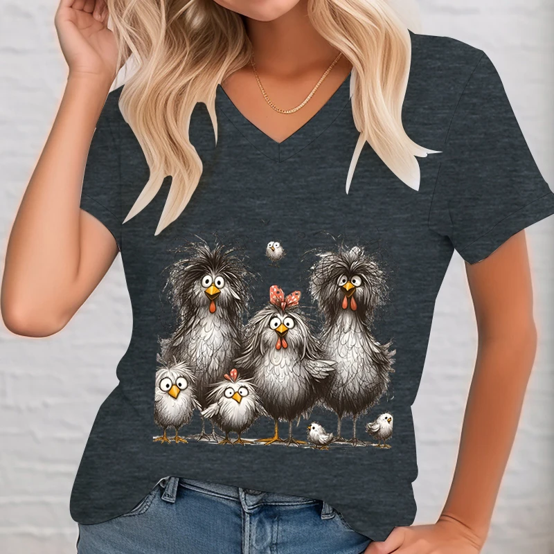 Women\'s Clothing Funny Chicken V-neck Short Sleeve T-shirt Cute Cartoon Animal Lovers T-shirt Casual Tops Women\'s Clothing Sales