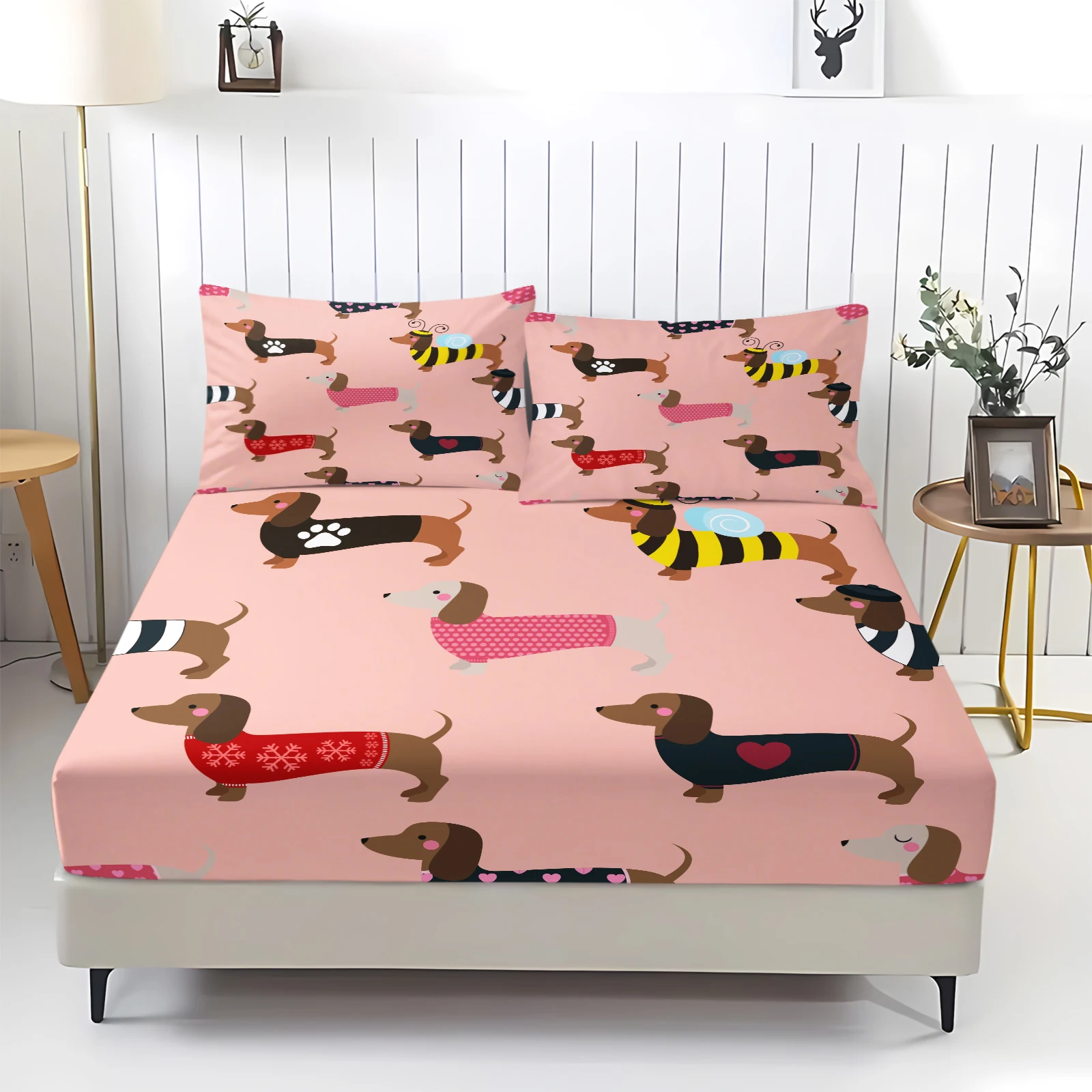 3Pcs Cute Dachshund Sweater Fitted Sheet Set with 2 Pillowcases, Soft Breathable Pet Bedding Set, No Pillow Insert