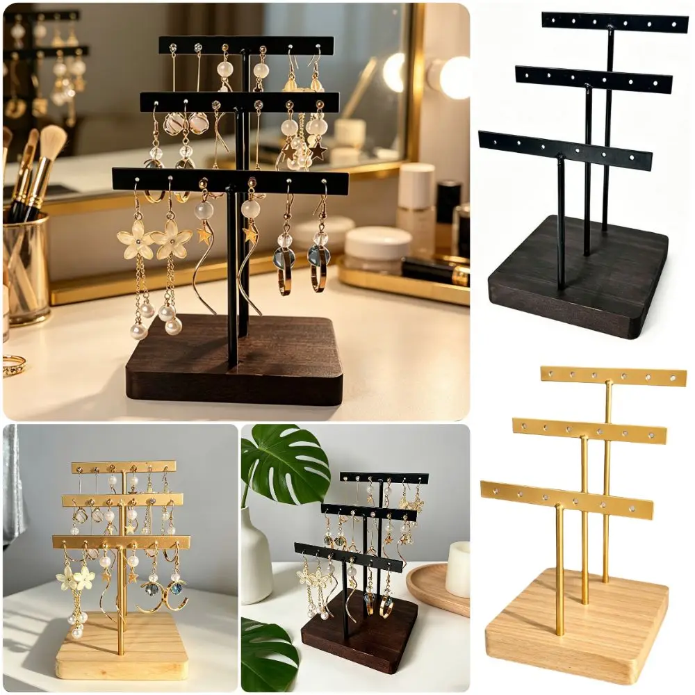 Three Tiers Earring Display Rack Multifunctional Black Gold Jewelry Storage Rack Wooden Bottom Detachable Earstuds Rack