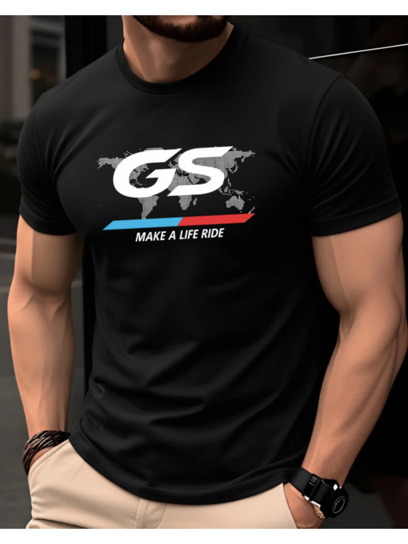 World Map GS Letter Embroidery Short-Sleeved T-Shirt - Men's and Women's Same Round Neck Top Daily Casual Stylish and Versatile