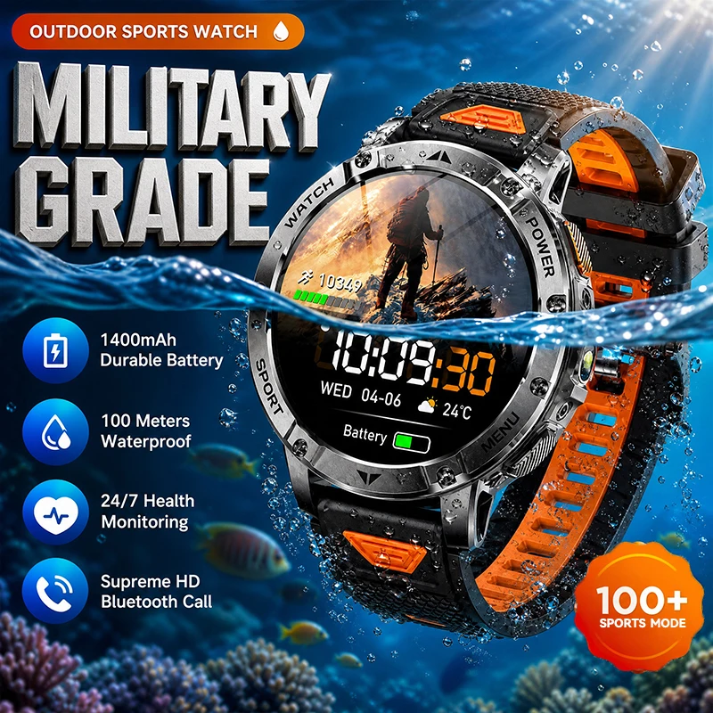 Outdoor Military 1400mAh 200-Day Standby Smartwatch Men GPS Tactical Clock Rugged IP68Waterproof SOS Flashlight Call Sport Watch
