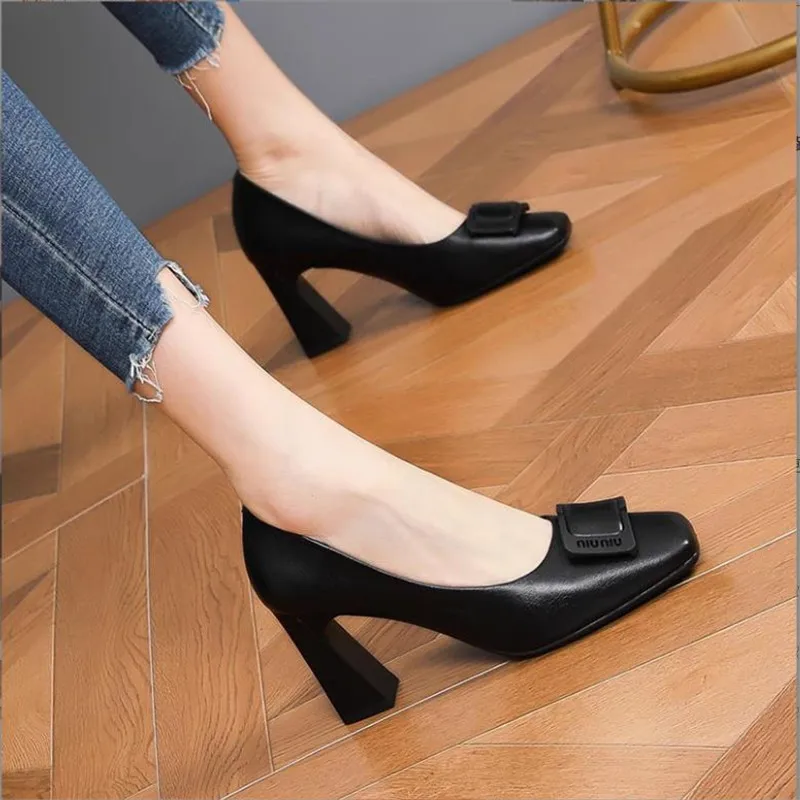 Chunky Heels Normal Leather Casual High Block Heel Nude Ladies Footwear Office Women's Shoes Square Toe Pumps on Heeled 39 Offer