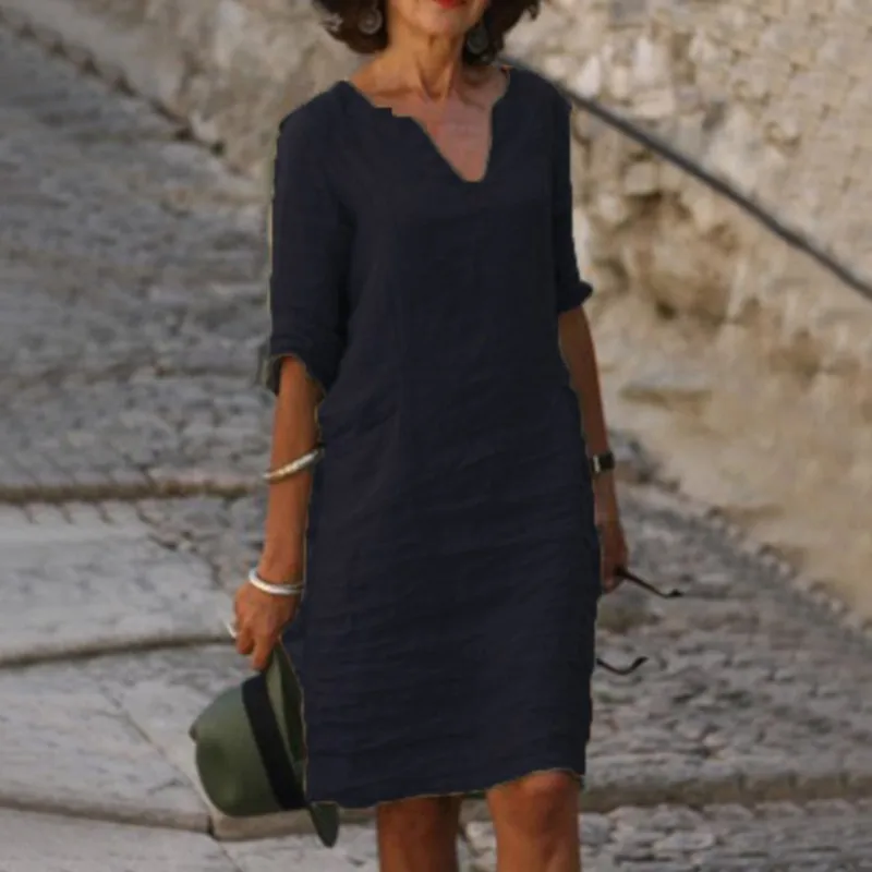 2025 Womens Boho Retro Dress V-Neck Solid Color 3/4 Sleeve Knee-length Dress Fashion Daily Casual Women Clothing Summer Vacation