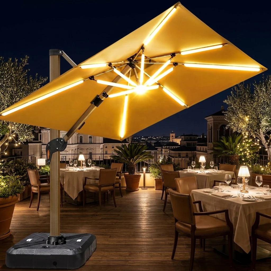 Latest Design Double Diagonal Pull Rod Solar USB Power Bank Aluminum Alloy Stand Heavy Duty Outdoor Umbrella