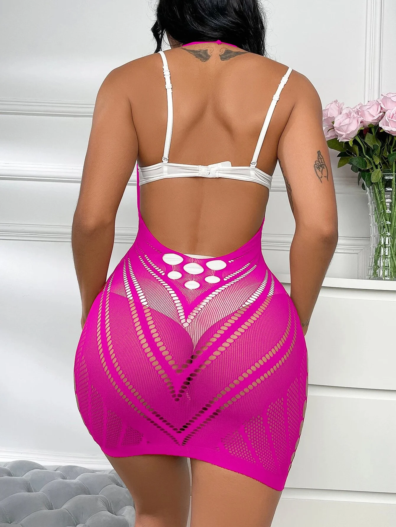 Czarna, bez pleców, przezroczysta koronkowa mini sukienka typu babydoll, seksowna, z wycięciami, na ramiączkach, z siateczki, modny kostium dla dorosłych, vestido.