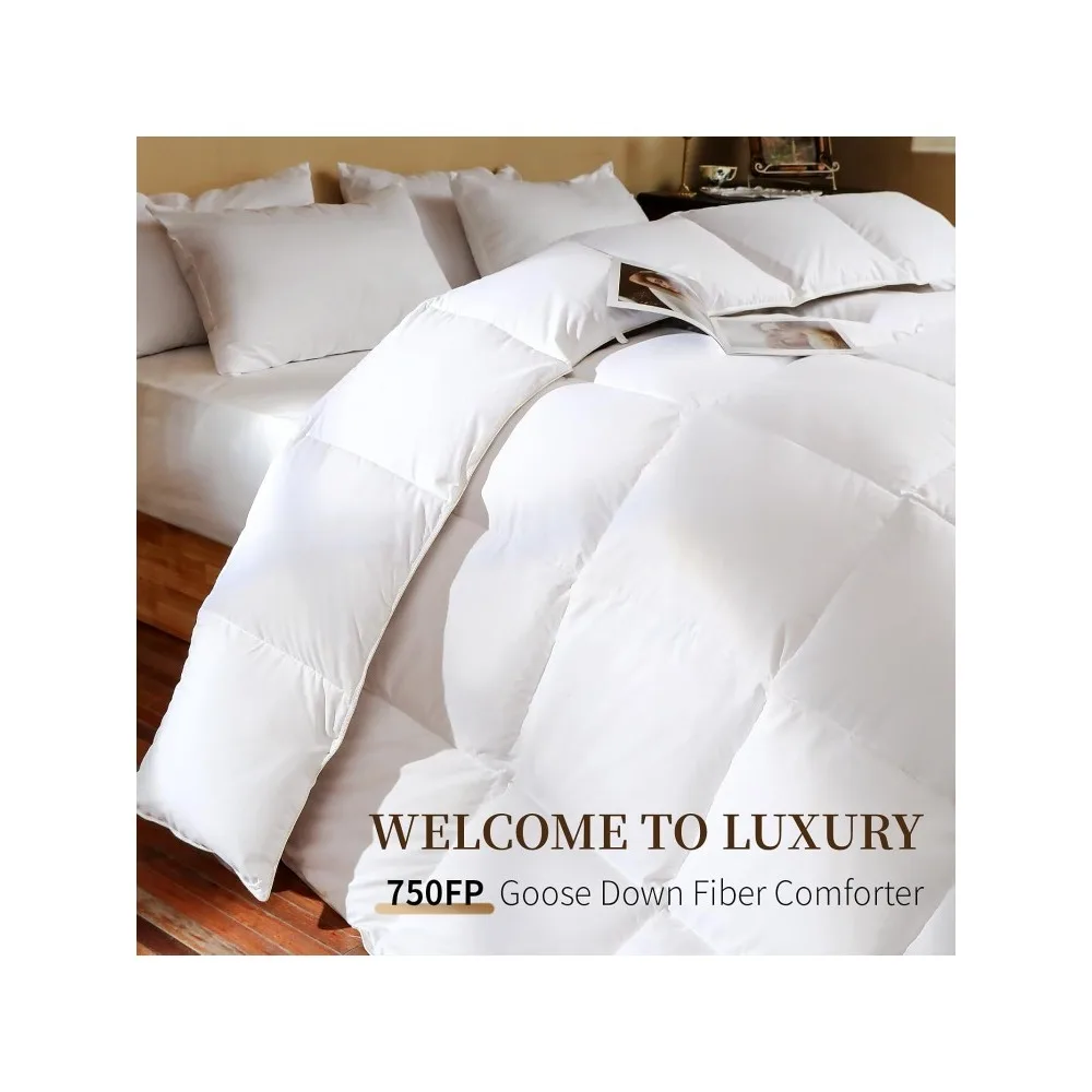 Luxury 100% Cotton 750FP Goose Down Comforter King Size 58 Oz,Fluffy Duvet Insert for All Season,Ultra-Soft Medium Warmth Hotel