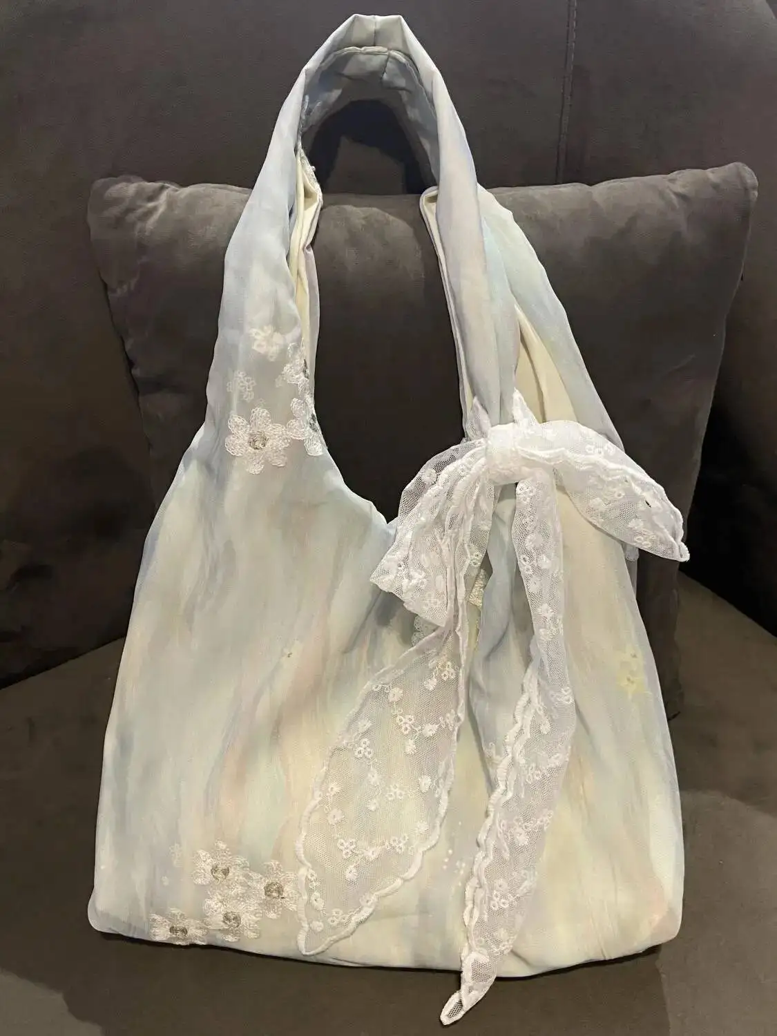 

Bloom Fairycore Aesthetic Blue Handbag Women Floral Embroidery Lace Shoulder Bags Hot Girls Large Capacity Canvas Tote Bag New