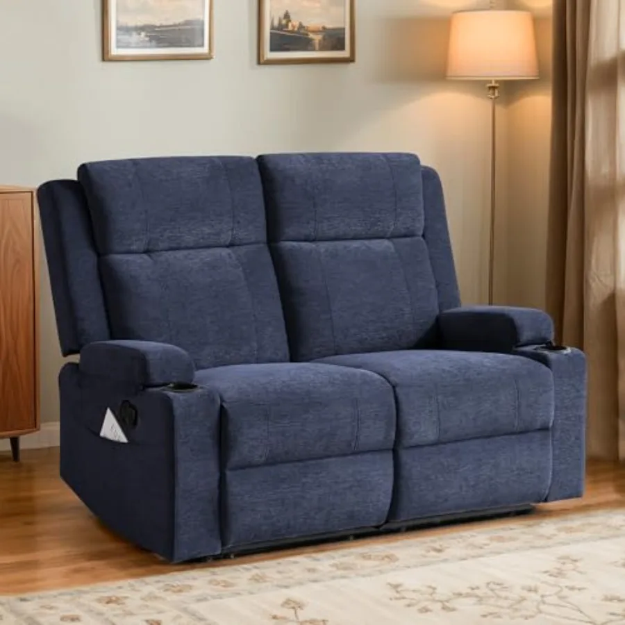

55" RV Loveseat Recliner Space-Saving Double Reclining RV Sofa, Compact Theater Seating with Cup Holders and Storage Pocket, Bl