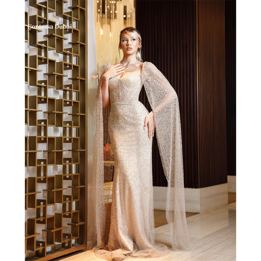 

Contessa Dubai Satin Pearl Tulle Shawl Stylish Prom Dresses Sleeveless Sweep Train فساتين سهراتSweetheart Neck Srobes de soirée