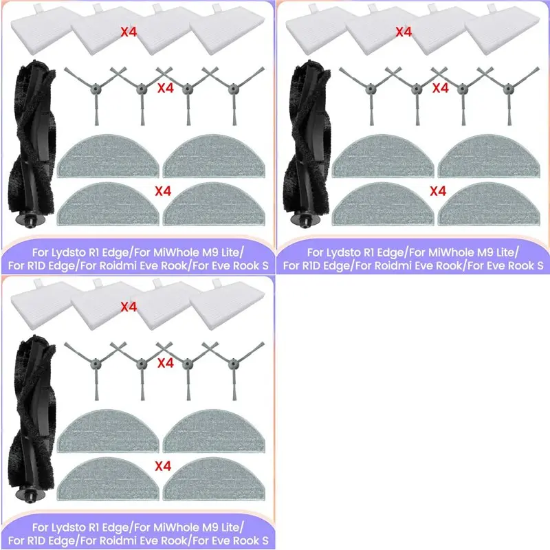 

Горячая распродажа: набор из 3 предметов для Lydsto R1 Edge/Miwhole M9 Lite/R1D Edge/Roidmi Eve Rook/Eve Rook S — основная и боковые щетки, HEPA-фильтр, салфетка для уборки
