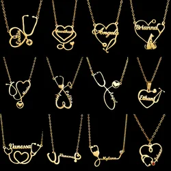 Custom Name Stethoscope Necklace Stainless Steel Personalized Nameplate Zircon Pendant For Women Men Doctor Jewelry Gifts
