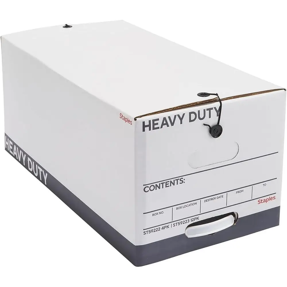 Storage & iling Box, Heavy-Duty with Handles & String-Button Lid, Letter Size Documents, Stackable, 4-Pack, White/Gray