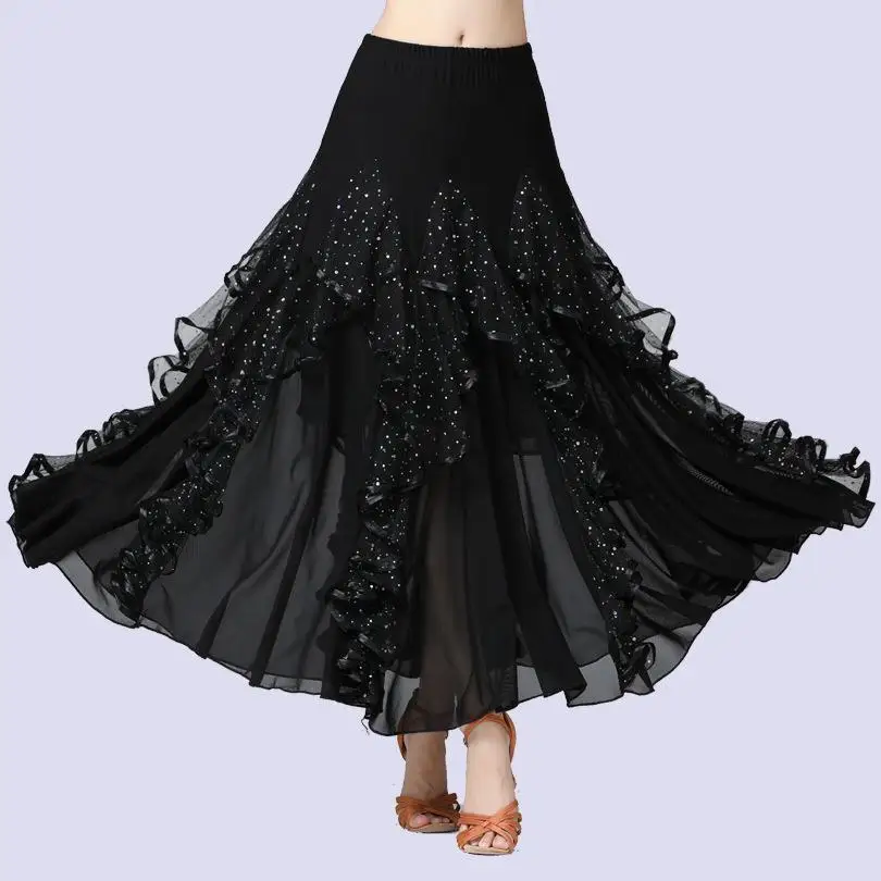 Womens New National Standard Dance Skirt Sequined Long Skirt Modern Dance Skirt Square Dance Large Swing Skirt