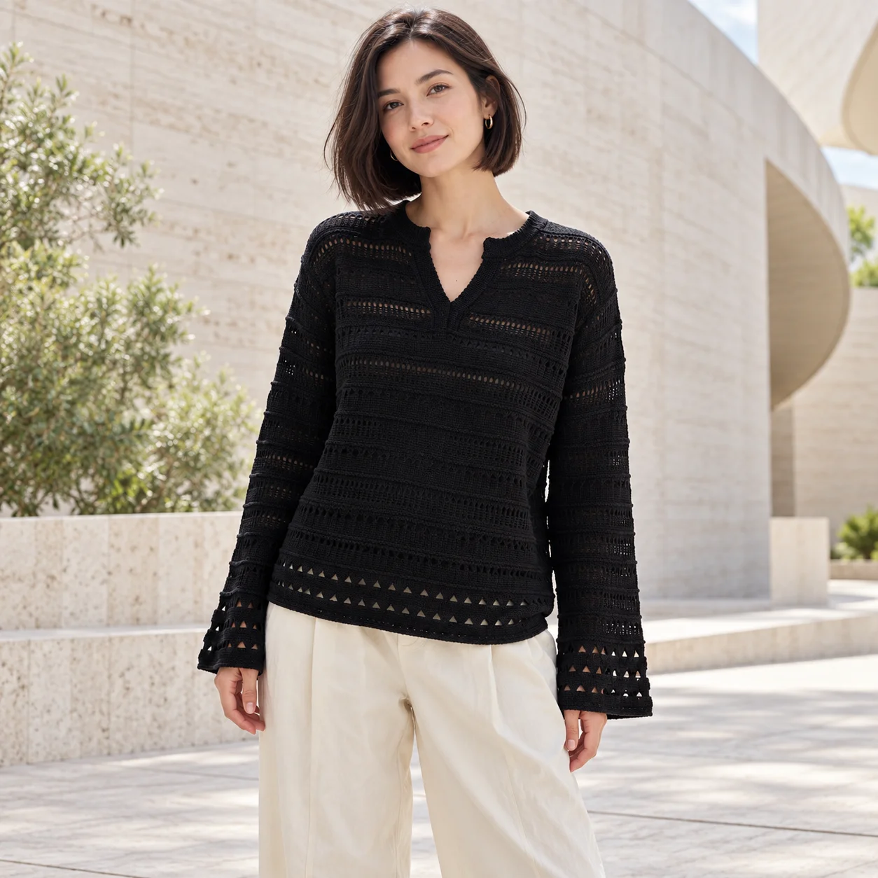 Women Openwork Knit Sweater V Neck Bell Sleeve Loose Pullover Korean Autumn Long Sleeve Knitwear Ivory