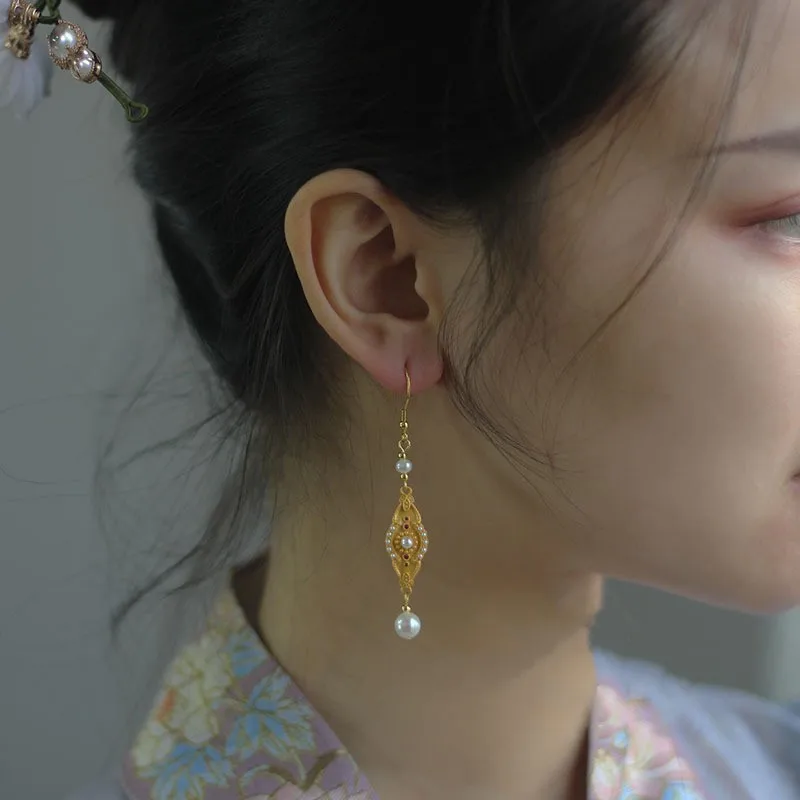 

Victorian Age Court Style 18K Gold Filled Pearl Lace Ear Hook Long Geometric Hollow Drop Dangle Earrings Neoclassicism Jewelry