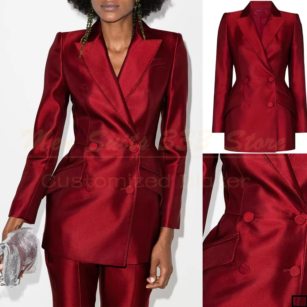 Elegant Red Women Suits Blazer Fashion Double Breasted Peak Lapel Satin 2 Piece Jacket Pants Outerwear Office Lady Full Sets