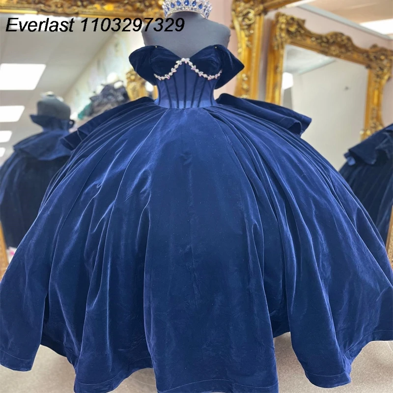 

EVLAST Customized Navy Blue Quinceanera Dress Ball Gown Velvet Crystals Beading Tiered Sweet 16 Vestidos De 15 Anos TQD891