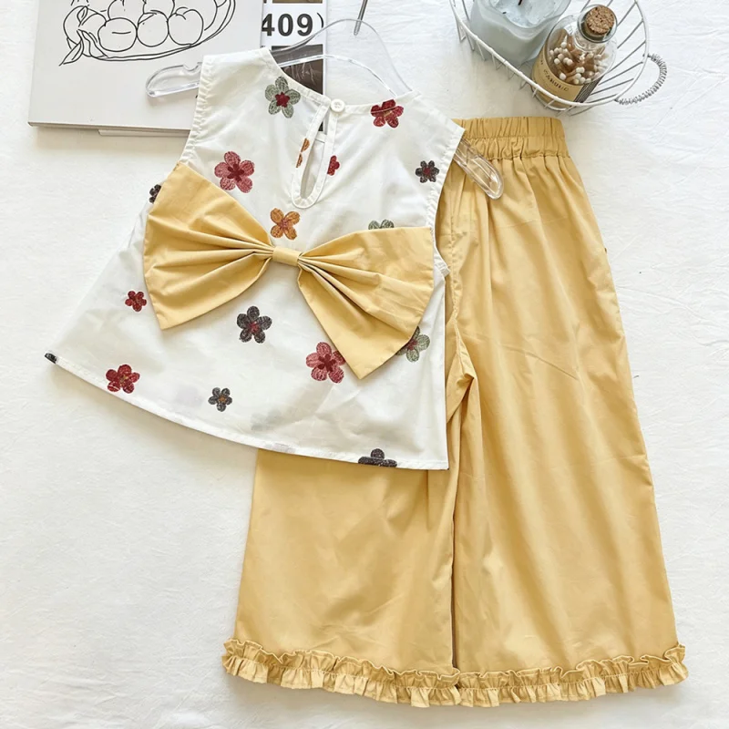 Girls' Summer Thin Embroidered Floral Sleeveless  Pants Two-Piece Set