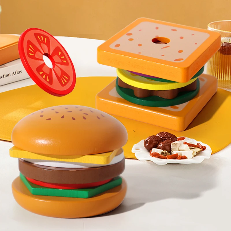 Wooden Sandwich Burger Sorting Stacking Toys Simulated Kitchen Toys Montessori Hamburger Toy for Kids Preschool Education