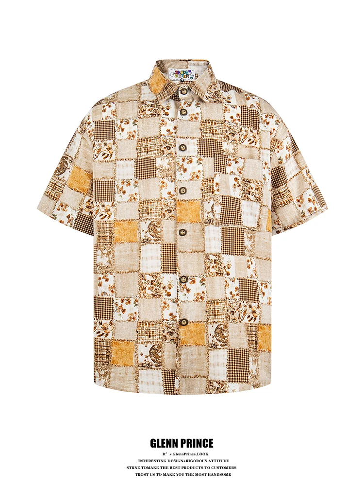 

GPstudio American Retro Floral Plaid Design Loose Men's Short Sleeve Shirt Summer Trendy Brand Casual Style Polyester Fabric